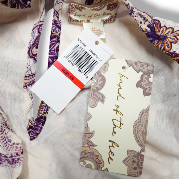 Boho Paisley Maxi Dress NWT Tie-Neck Tiered Cream Purple XS Band of the Free - Picture 5 of 9